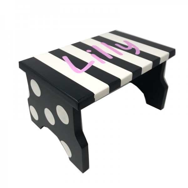 Personalized Kids' Stool - Black Stripes and Polka Dots