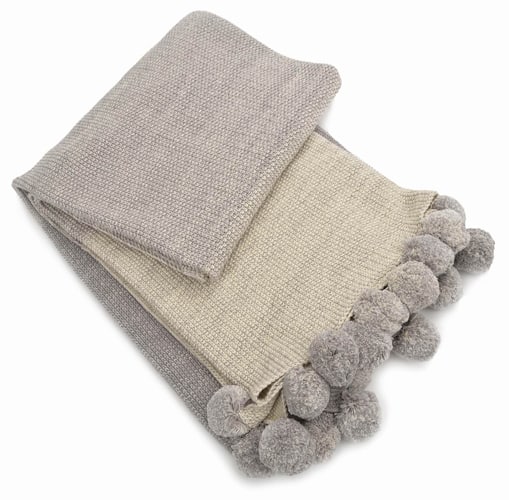 Light Grey Cotton Throw with Pom Pom
